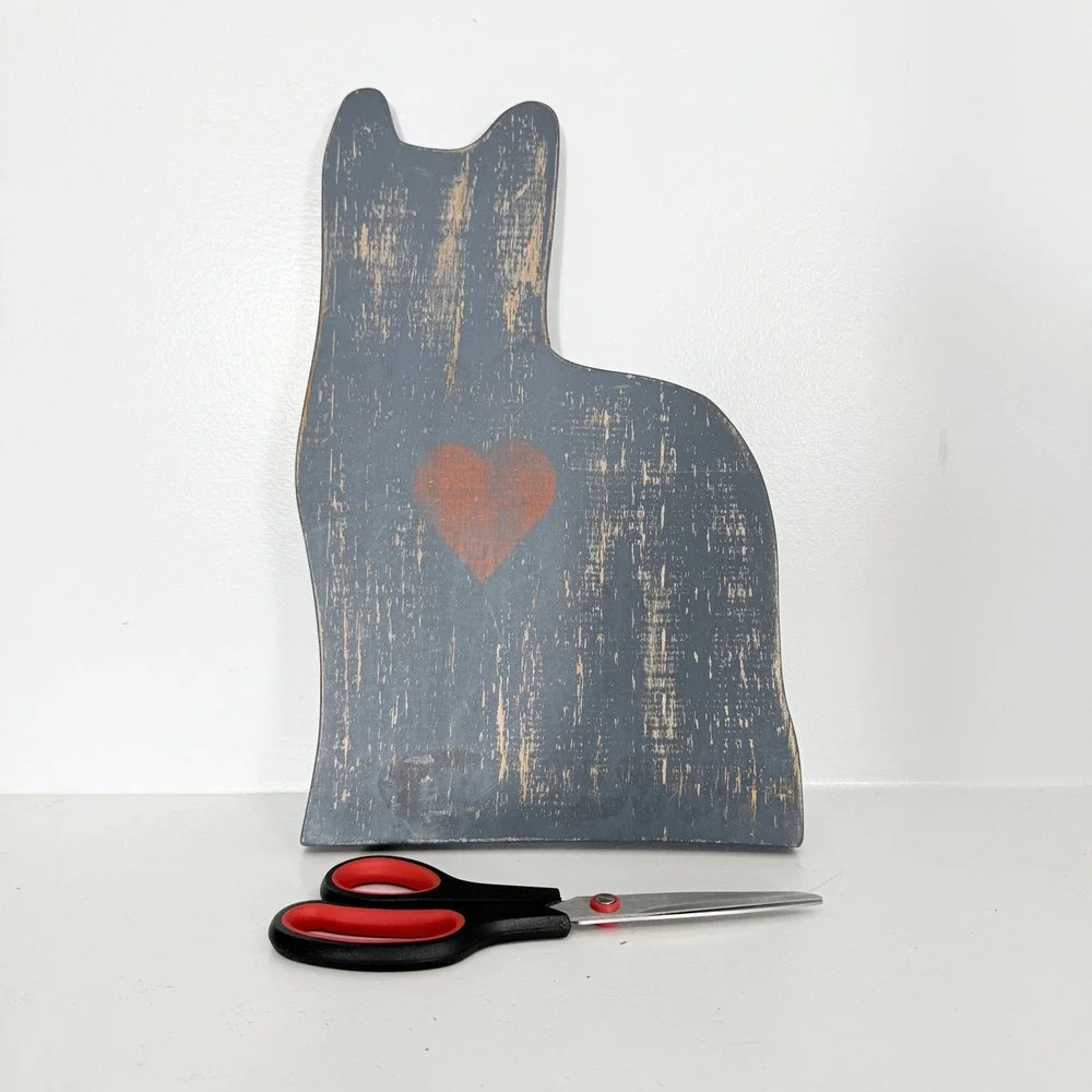 Handcrafted Wooden Cat Silhouette Sign Blue Cottagecore Heart Primitive Folk Art